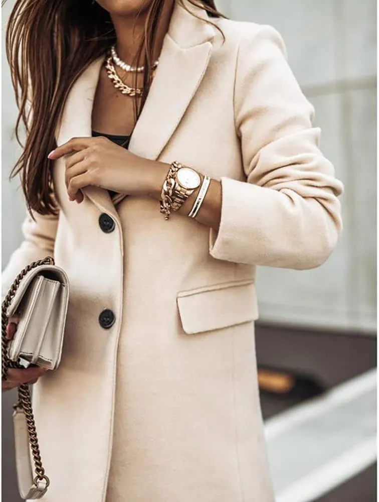 Janepam Women Duffle Coat Windbreaker Solid Color Thigh-Long Jacket Mock Pocket Loose Button Notch Lapel Trench Outerwear