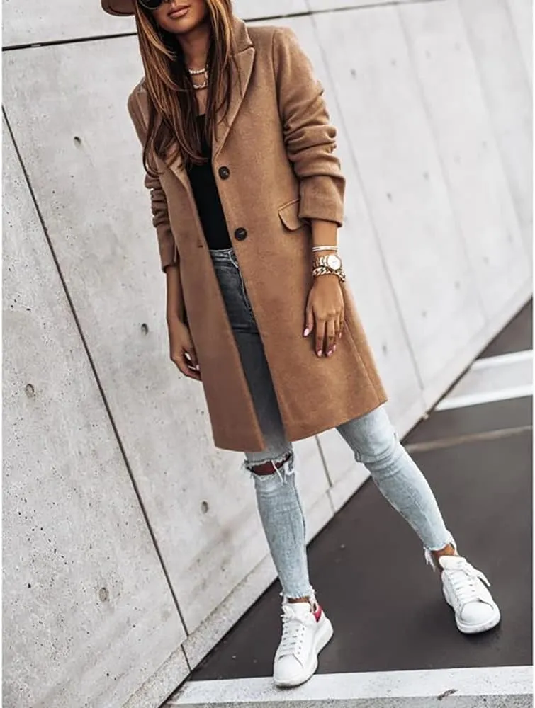 Janepam Women Duffle Coat Windbreaker Solid Color Thigh-Long Jacket Mock Pocket Loose Button Notch Lapel Trench Outerwear