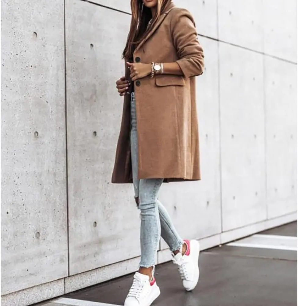 Janepam Women Duffle Coat Windbreaker Solid Color Thigh-Long Jacket Mock Pocket Loose Button Notch Lapel Trench Outerwear