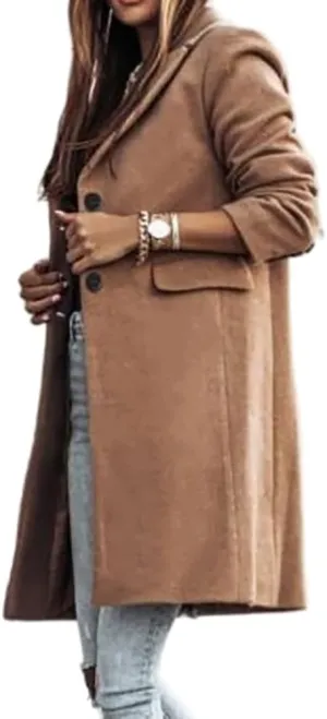 Janepam Women Duffle Coat Windbreaker Solid Color Thigh-Long Jacket Mock Pocket Loose Button Notch Lapel Trench Outerwear