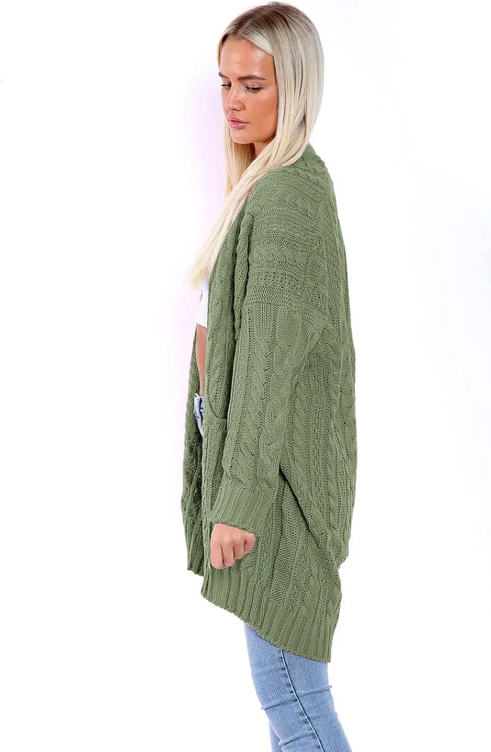 Janisramone Ladies Chunky Cardigans, Oversized Cable Knitted Cape Cardigan, Warm Open Front Long Cardigan with Pockets Women