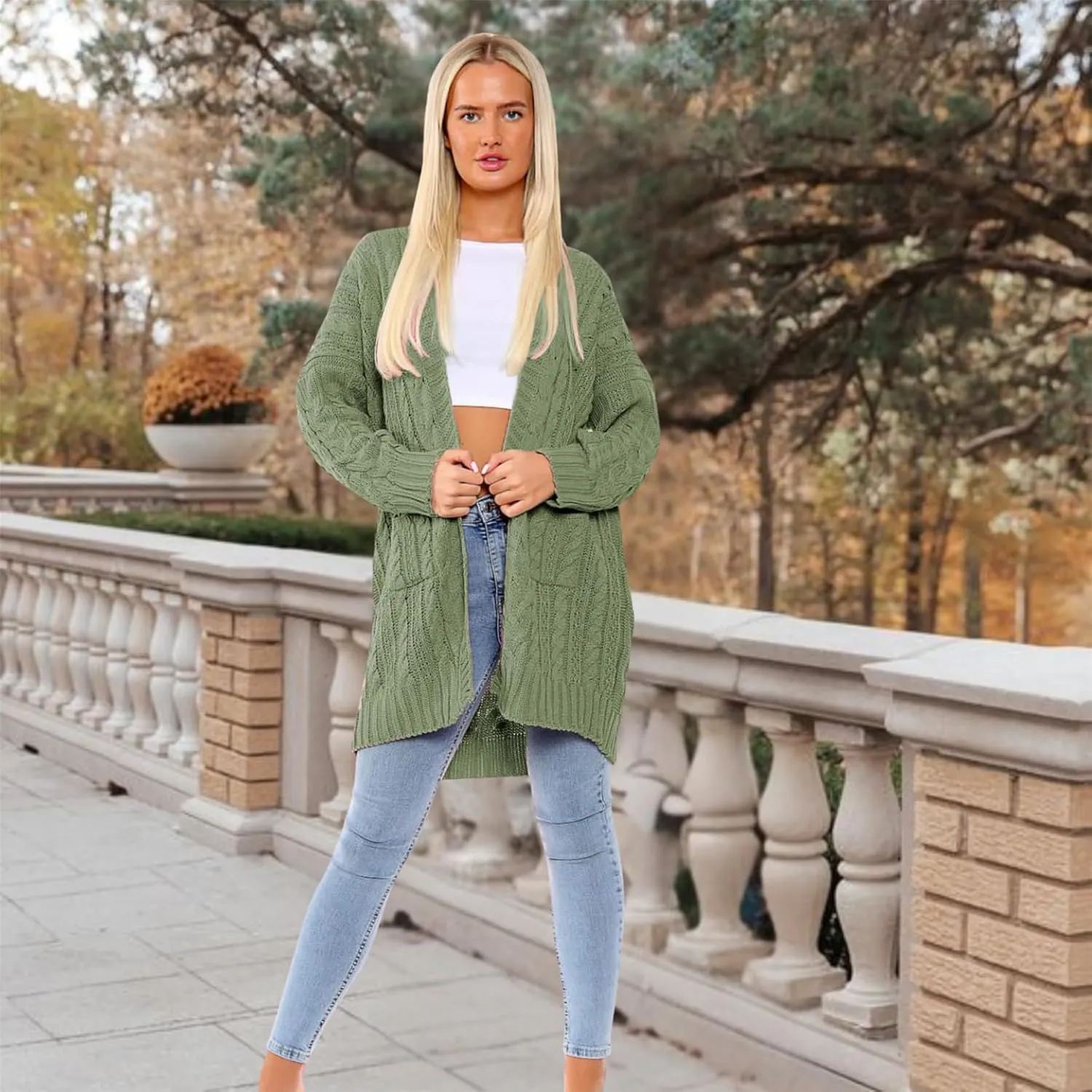 Janisramone Ladies Chunky Cardigans, Oversized Cable Knitted Cape Cardigan, Warm Open Front Long Cardigan with Pockets Women