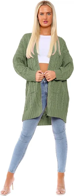 Janisramone Ladies Chunky Cardigans, Oversized Cable Knitted Cape Cardigan, Warm Open Front Long Cardigan with Pockets Women