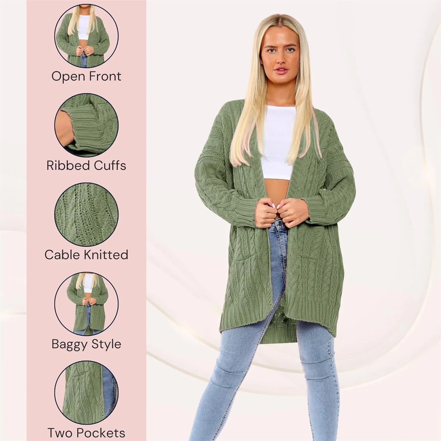 Janisramone Ladies Chunky Cardigans, Oversized Cable Knitted Cape Cardigan, Warm Open Front Long Cardigan with Pockets Women