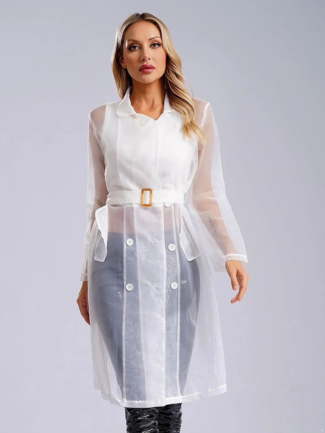 JEATHA Trench Coats for Women Sheer Mesh Organza Jackets Notch Lapel Double Breasted Outerwear Sun Protection Clothing