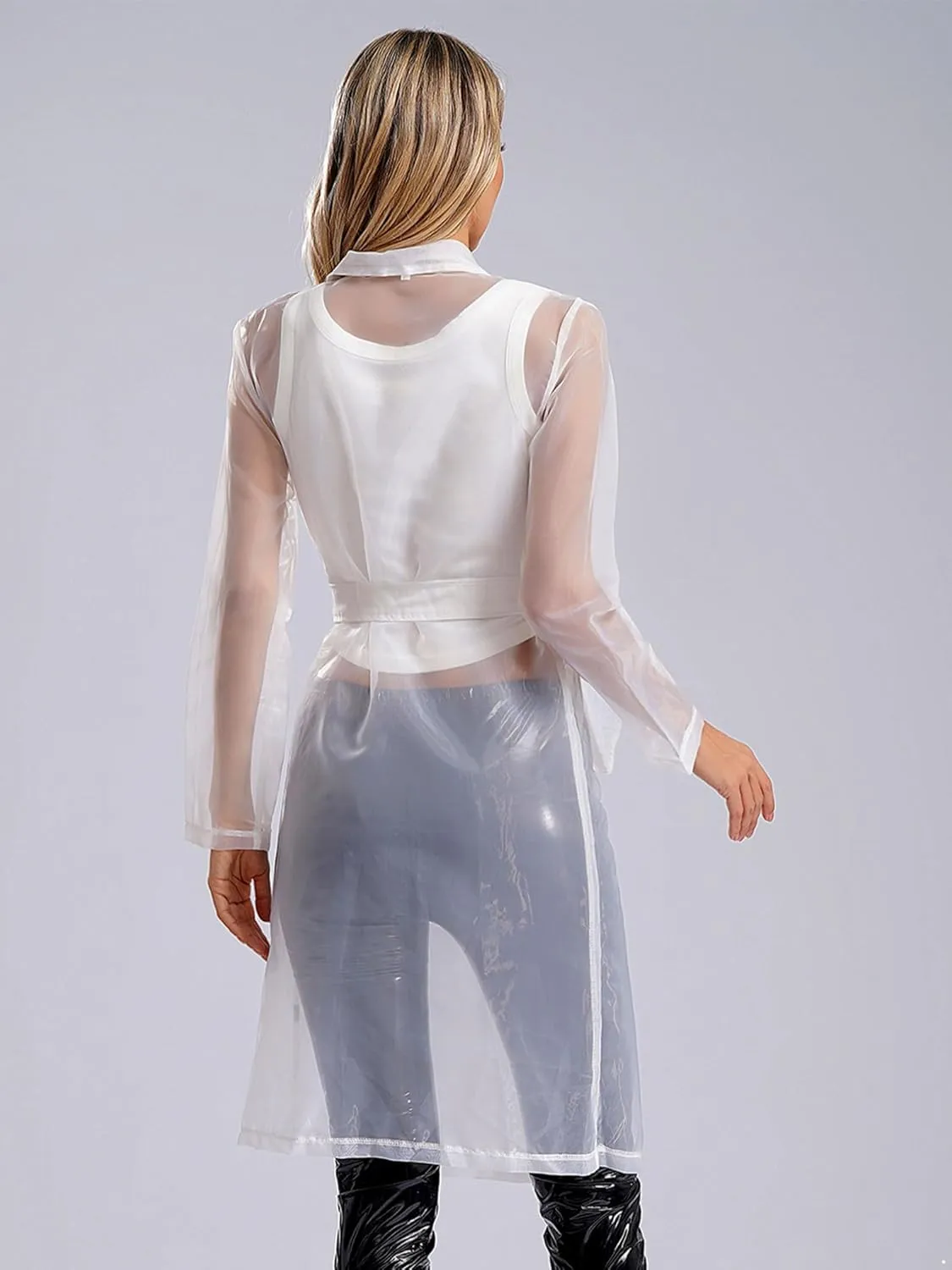 JEATHA Trench Coats for Women Sheer Mesh Organza Jackets Notch Lapel Double Breasted Outerwear Sun Protection Clothing