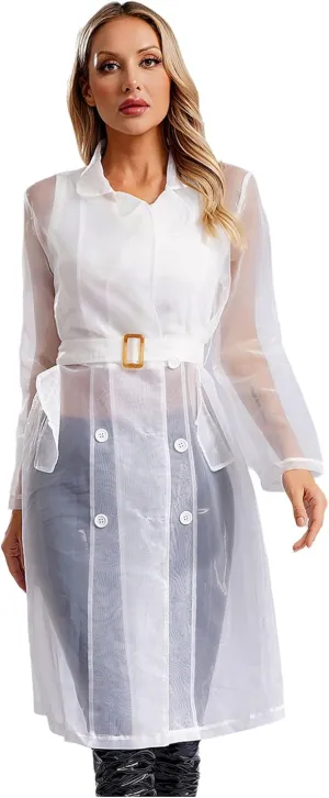 JEATHA Trench Coats for Women Sheer Mesh Organza Jackets Notch Lapel Double Breasted Outerwear Sun Protection Clothing