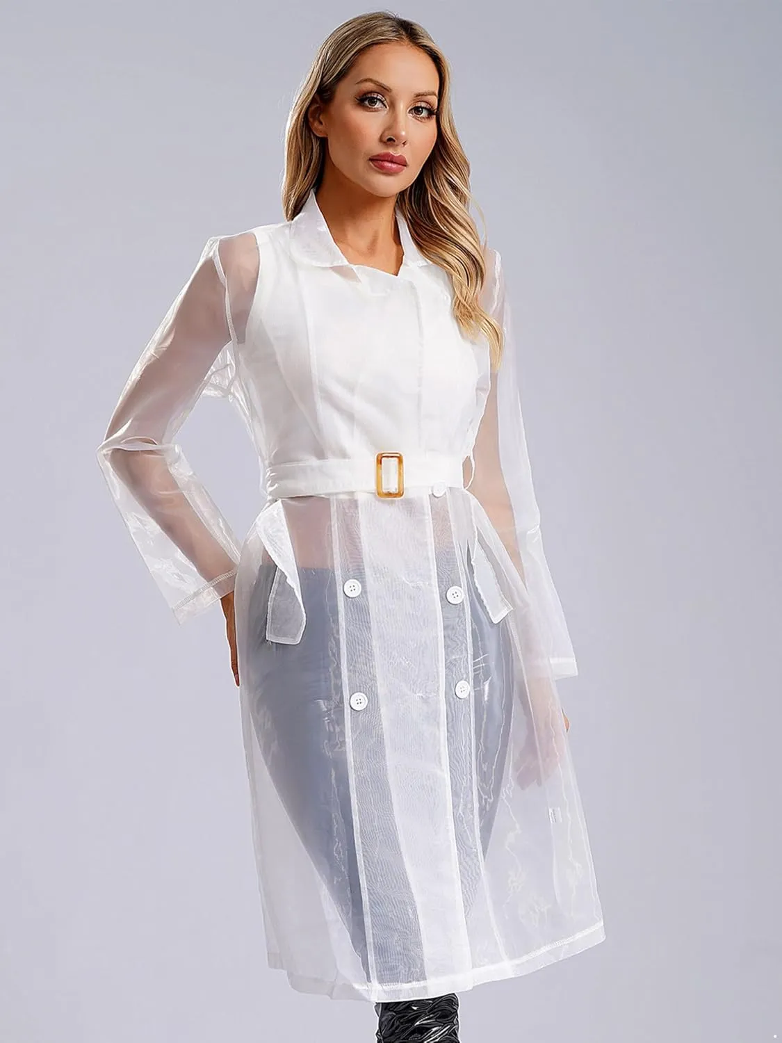 JEATHA Trench Coats for Women Sheer Mesh Organza Jackets Notch Lapel Double Breasted Outerwear Sun Protection Clothing