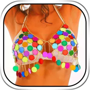 JEWEKY Rainbow Dot Sequin Bra Chain Top Dance Outfit Chest Chain Club Costume Rave Top for Women