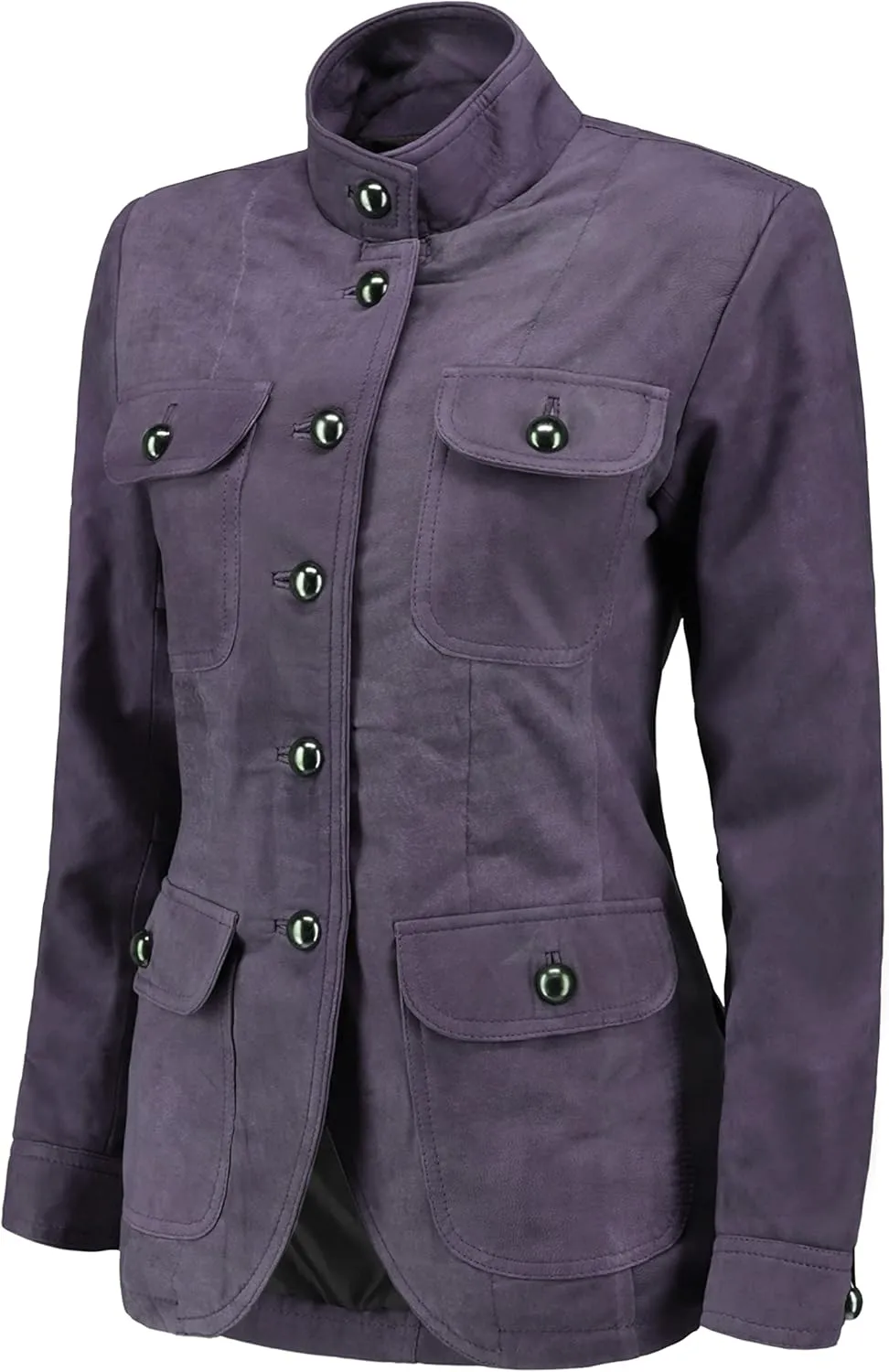 Jild Fancy 5-Button Four Pocket Double Back Slit Leather Blazer Women - Vintage Suede Look Cuff Sleeves Leather Jacket Women
