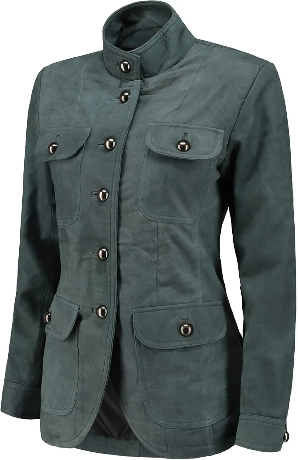 Jild Fancy 5-Button Four Pocket Double Back Slit Leather Blazer Women - Vintage Suede Look Cuff Sleeves Leather Jacket Women