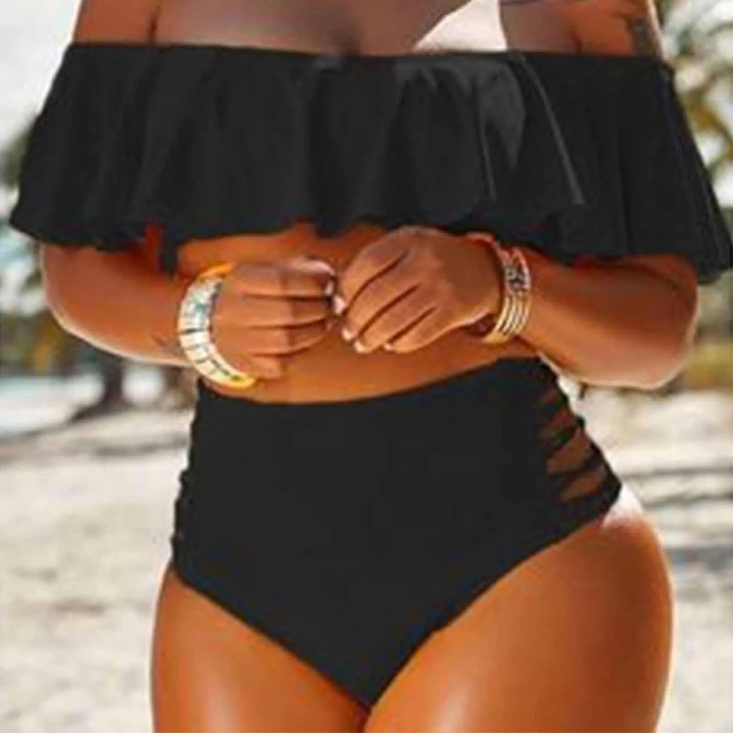 jsaierl Women Sexy Cut Out 2 Piece Bandeau Swimsuits Fashion Strapless Ruffle Bikini Sets High Wasited Tummy Control Swimwear