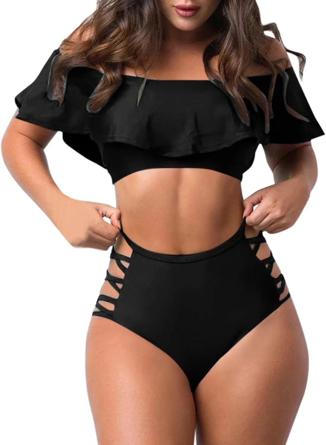 jsaierl Women Sexy Cut Out 2 Piece Bandeau Swimsuits Fashion Strapless Ruffle Bikini Sets High Wasited Tummy Control Swimwear