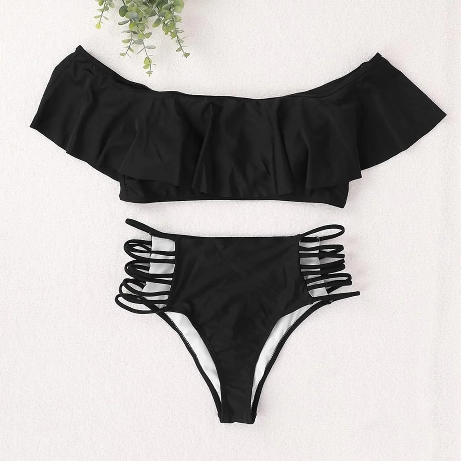 jsaierl Women Sexy Cut Out 2 Piece Bandeau Swimsuits Fashion Strapless Ruffle Bikini Sets High Wasited Tummy Control Swimwear