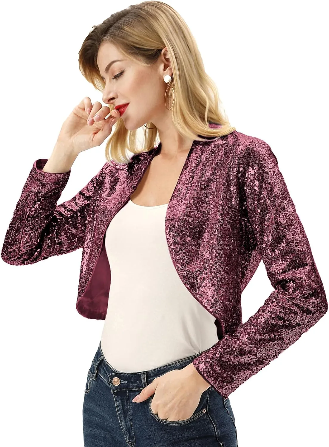 KANCY KOLE Women's Sequin Shrug Long Sleeve Open Front Cropped Bolero Jackets S-XXL
