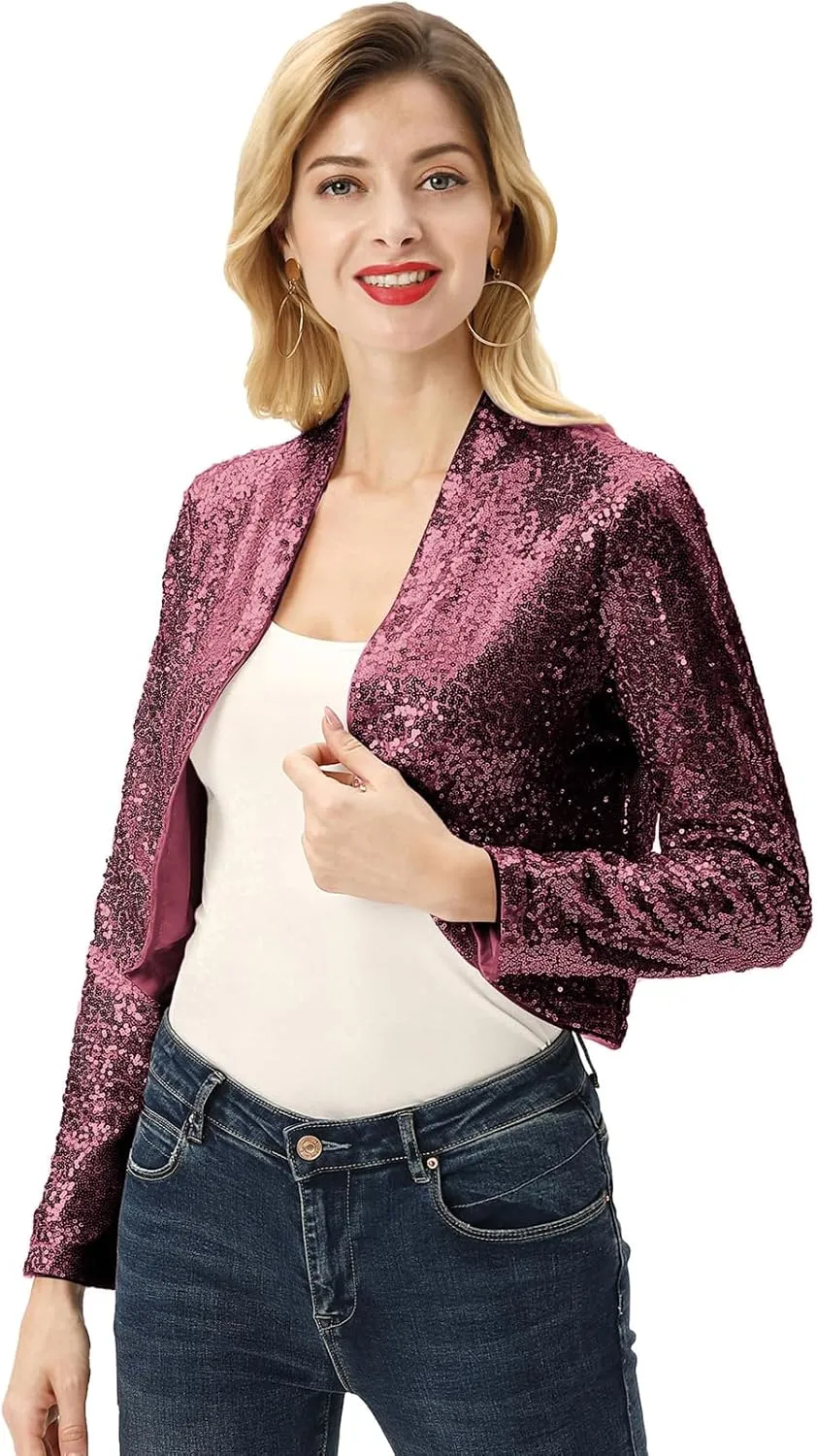 KANCY KOLE Women's Sequin Shrug Long Sleeve Open Front Cropped Bolero Jackets S-XXL