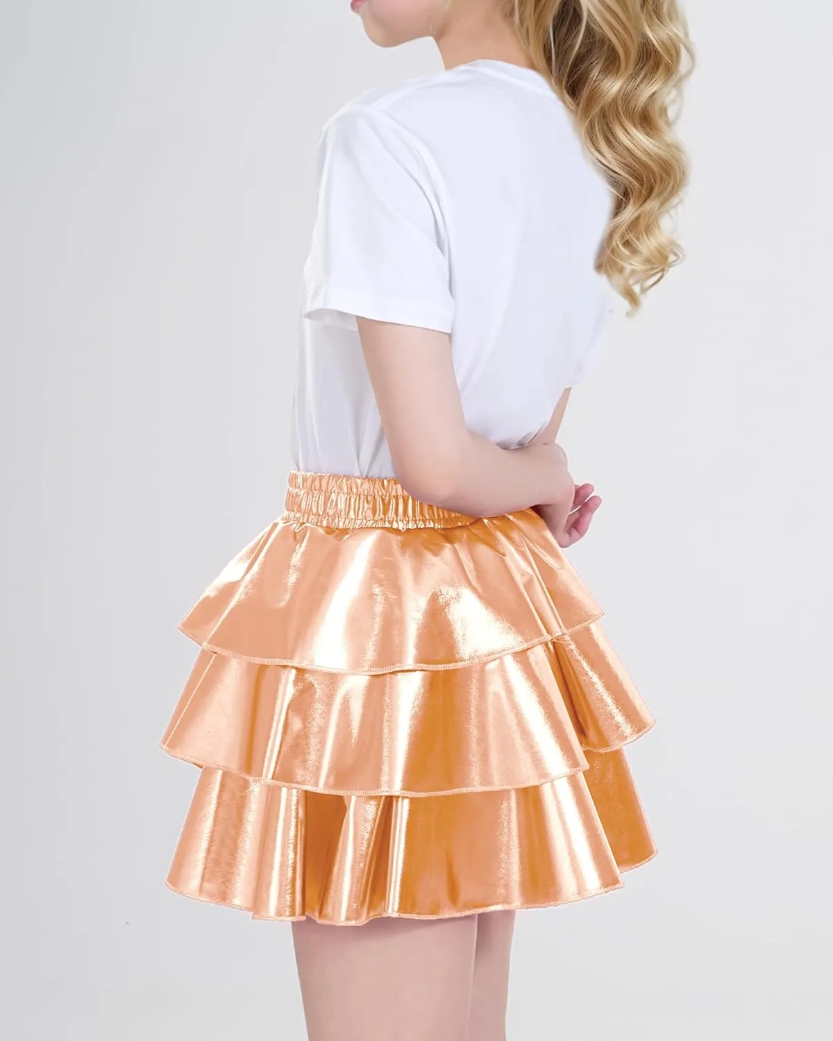 KEREDA Girls Metallic Skirt 3-Layer Ruffle Kids Sparkly Skirt for Girls 6-14 Y