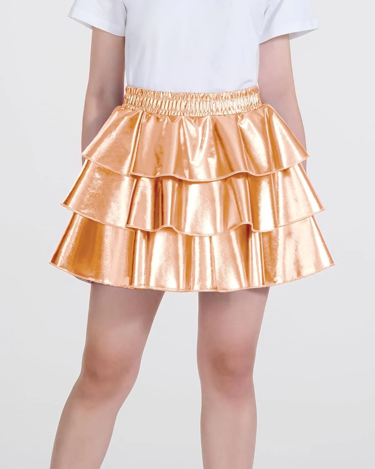 KEREDA Girls Metallic Skirt 3-Layer Ruffle Kids Sparkly Skirt for Girls 6-14 Y