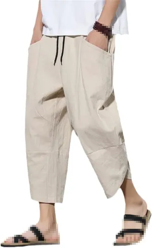 keusyoi Summr Men Chinese Style Cotton Linen Harem Pants Men Breathable Beach Pants Male Casual Calf-Lenght Trousers