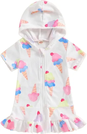 Kid Girls Swim Cover Up Kid Hooded Zip-Up Terry Swimsuit Coverup Towel Bathing Suit Bathrobe Pool Beach Robe Dress (YZ Ice Cream, 5-6 Years)