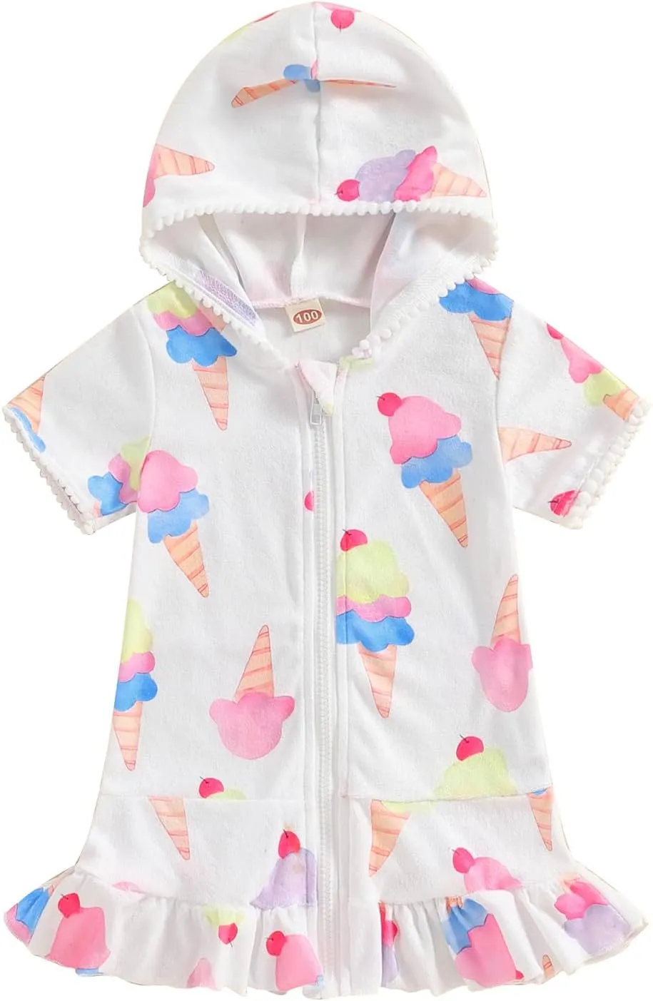 Kid Girls Swim Cover Up Kid Hooded Zip-Up Terry Swimsuit Coverup Towel Bathing Suit Bathrobe Pool Beach Robe Dress (YZ Ice Cream, 5-6 Years)