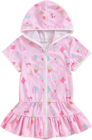 Kid Girls Swim Cover Up Kid Hooded Zip-Up Terry Swimsuit Coverup Towel Bathing Suit Bathrobe Pool Beach Robe Dress