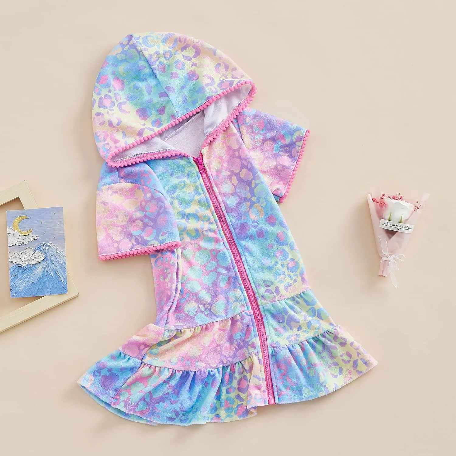 Kid Girls Swim Cover Up Kid Hooded Zip-Up Terry Swimsuit Coverup Towel Bathing Suit Bathrobe Pool Beach Robe Dress