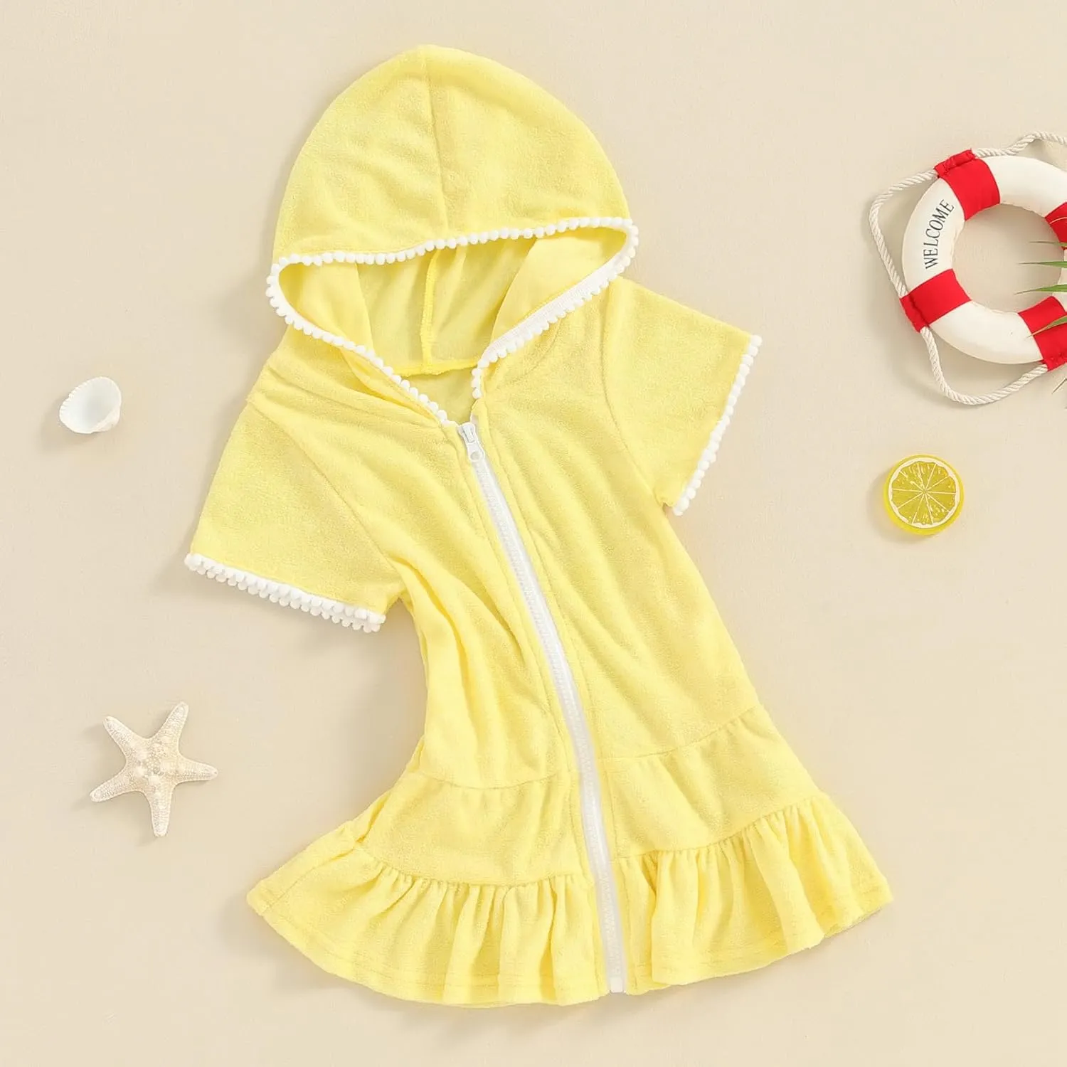 Kid Girls Swim Cover Up Kid Hooded Zip-Up Terry Swimsuit Coverup Towel Bathing Suit Bathrobe Pool Beach Robe Dress