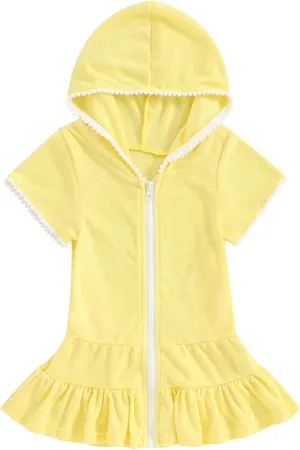 Kid Girls Swim Cover Up Kid Hooded Zip-Up Terry Swimsuit Coverup Towel Bathing Suit Bathrobe Pool Beach Robe Dress