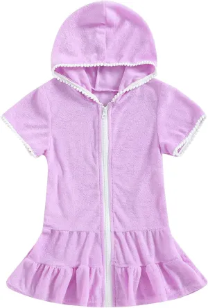 Kid Girls Swim Cover Up Kid Hooded Zip-Up Terry Swimsuit Coverup Towel Bathing Suit Bathrobe Pool Beach Robe Dress