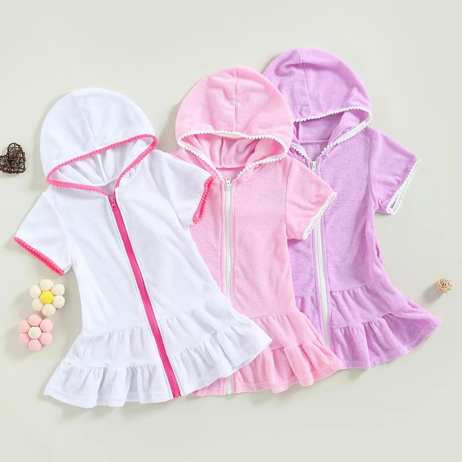 Kid Girls Swim Cover Up Kid Hooded Zip-Up Terry Swimsuit Coverup Towel Bathing Suit Bathrobe Pool Beach Robe Dress