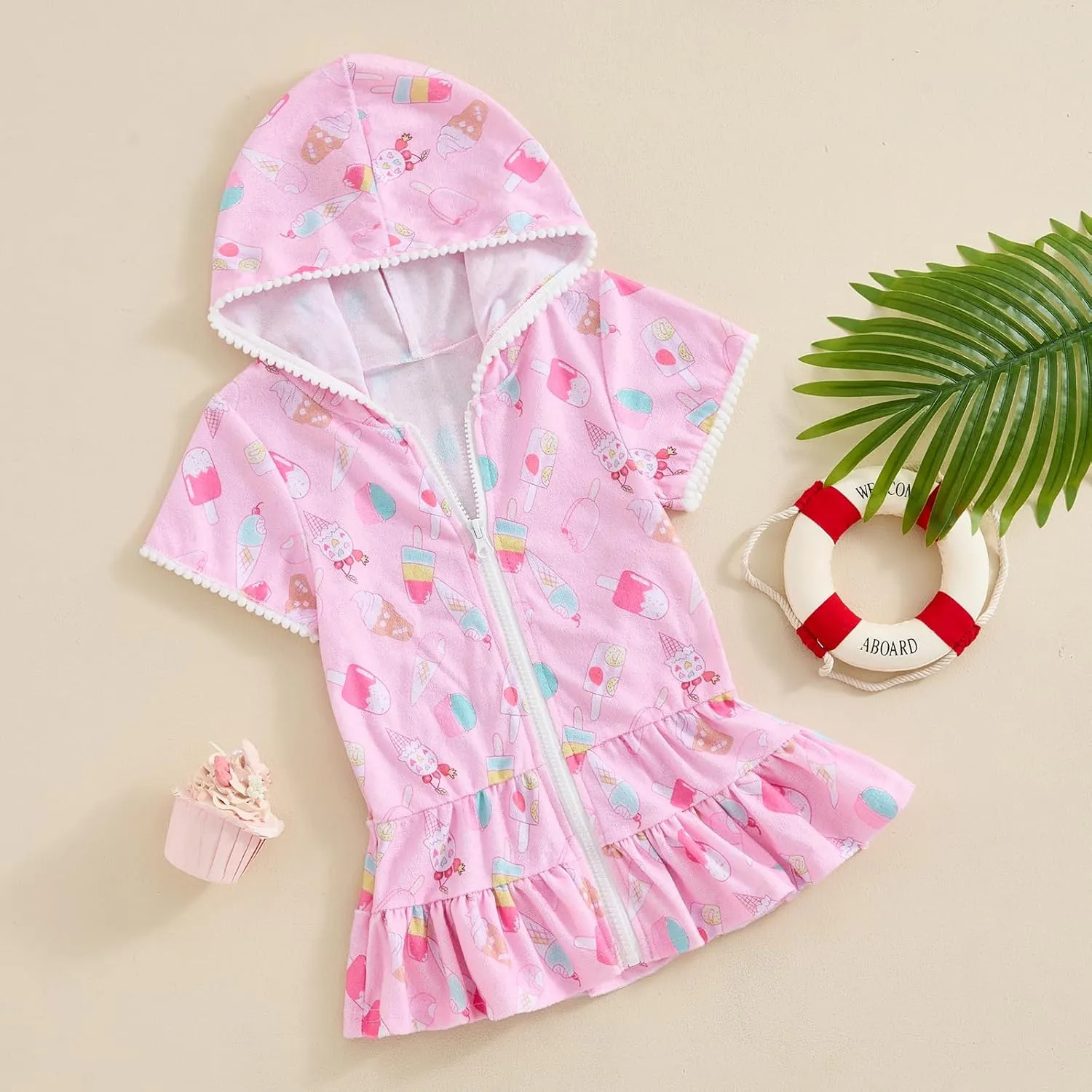 Kid Girls Swim Cover Up Kid Hooded Zip-Up Terry Swimsuit Coverup Towel Bathing Suit Bathrobe Pool Beach Robe Dress