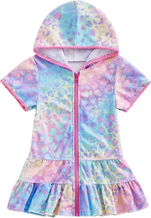 Kid Girls Swim Cover Up Kid Hooded Zip-Up Terry Swimsuit Coverup Towel Bathing Suit Bathrobe Pool Beach Robe Dress