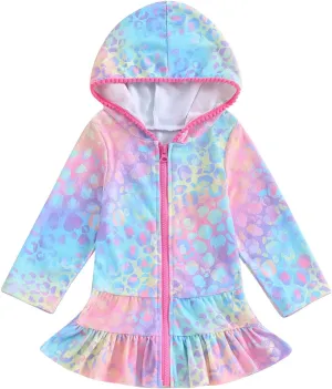 Kids Girl Swim Cover Up Hooded Zip-Up Tie Dye Terry Swimsuit Cover-ups Beach Robe Dress Bathrobe Towel Bathing Suit