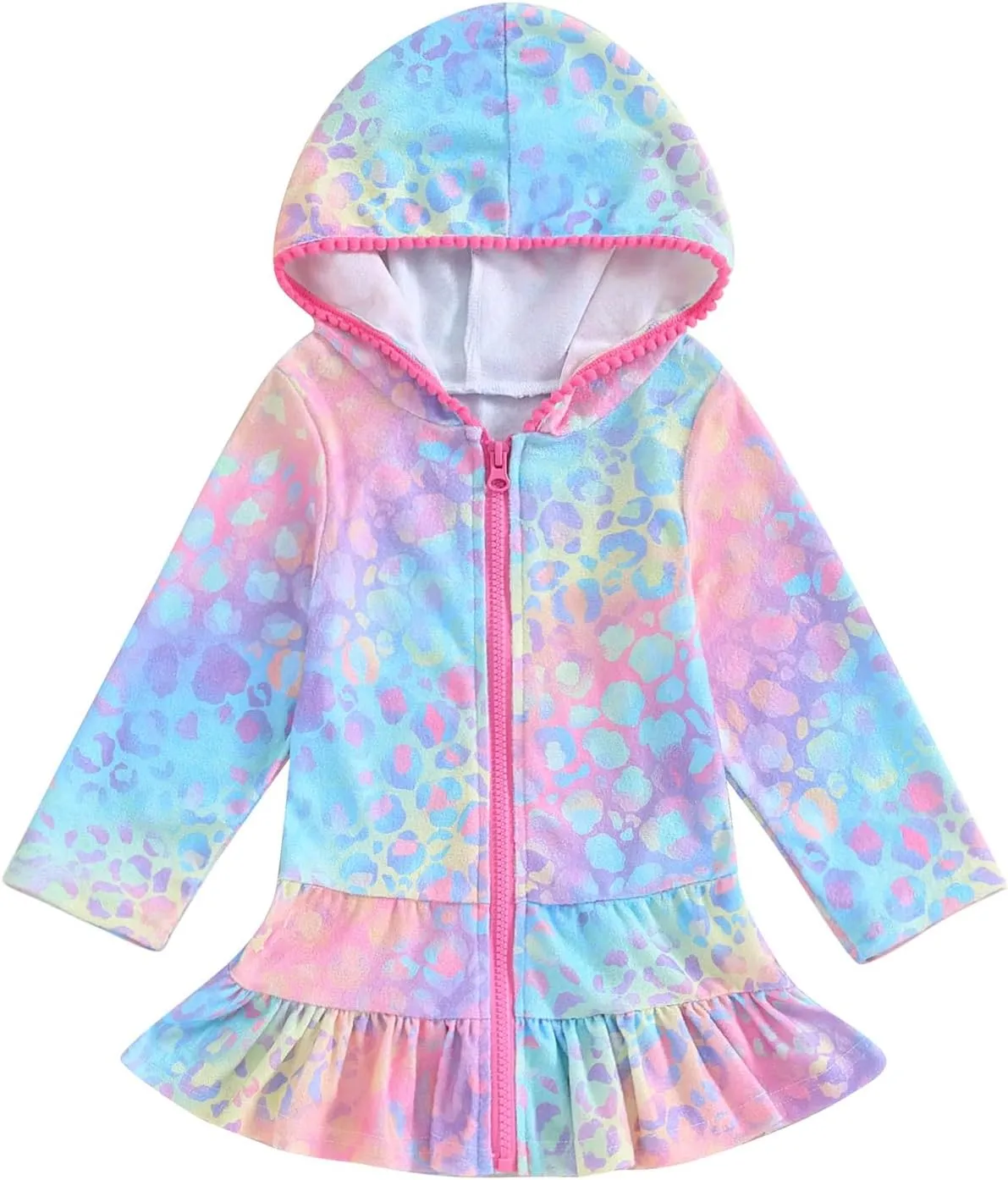 Kids Girl Swim Cover Up Hooded Zip-Up Tie Dye Terry Swimsuit Cover-ups Beach Robe Dress Bathrobe Towel Bathing Suit