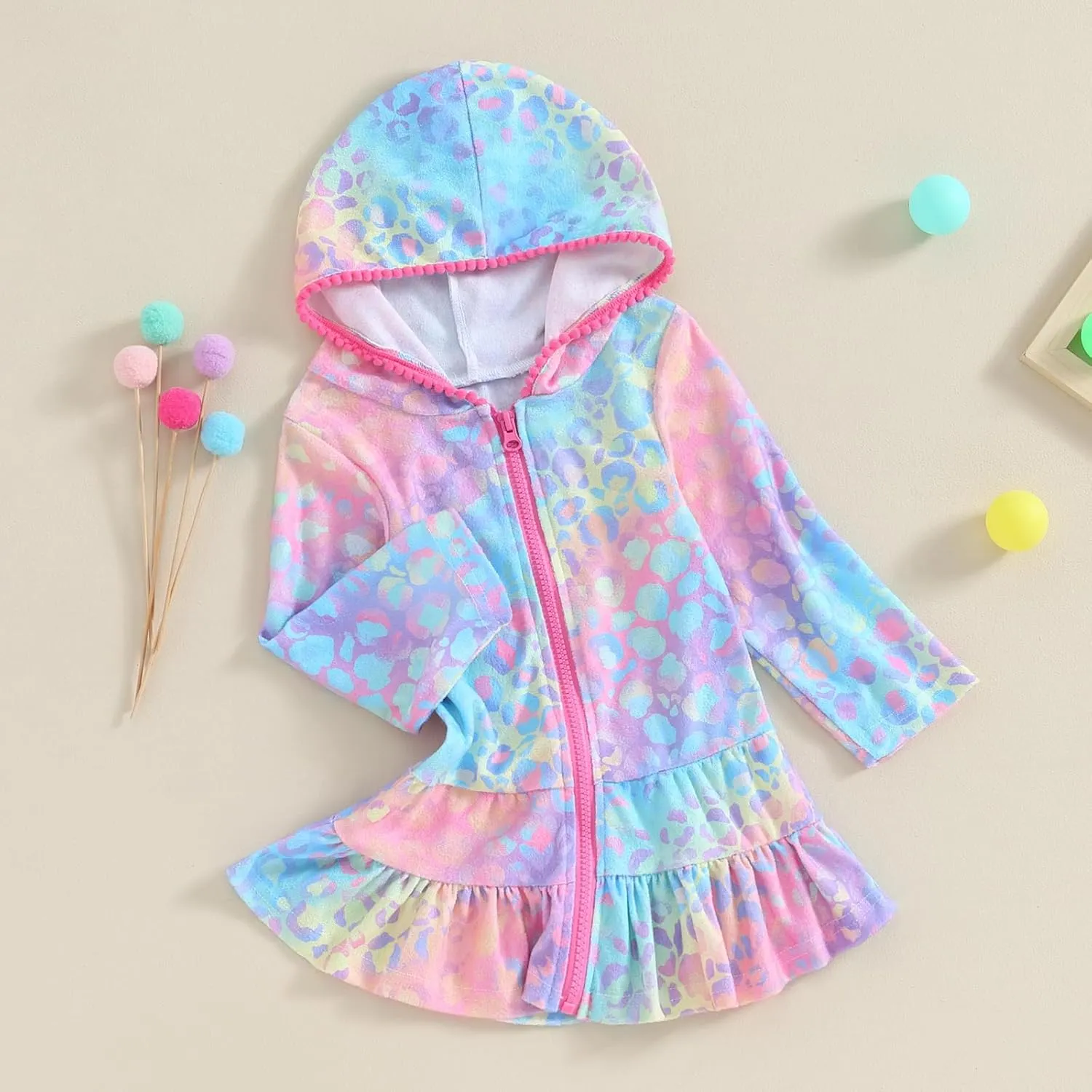 Kids Girl Swim Cover Up Hooded Zip-Up Tie Dye Terry Swimsuit Cover-ups Beach Robe Dress Bathrobe Towel Bathing Suit
