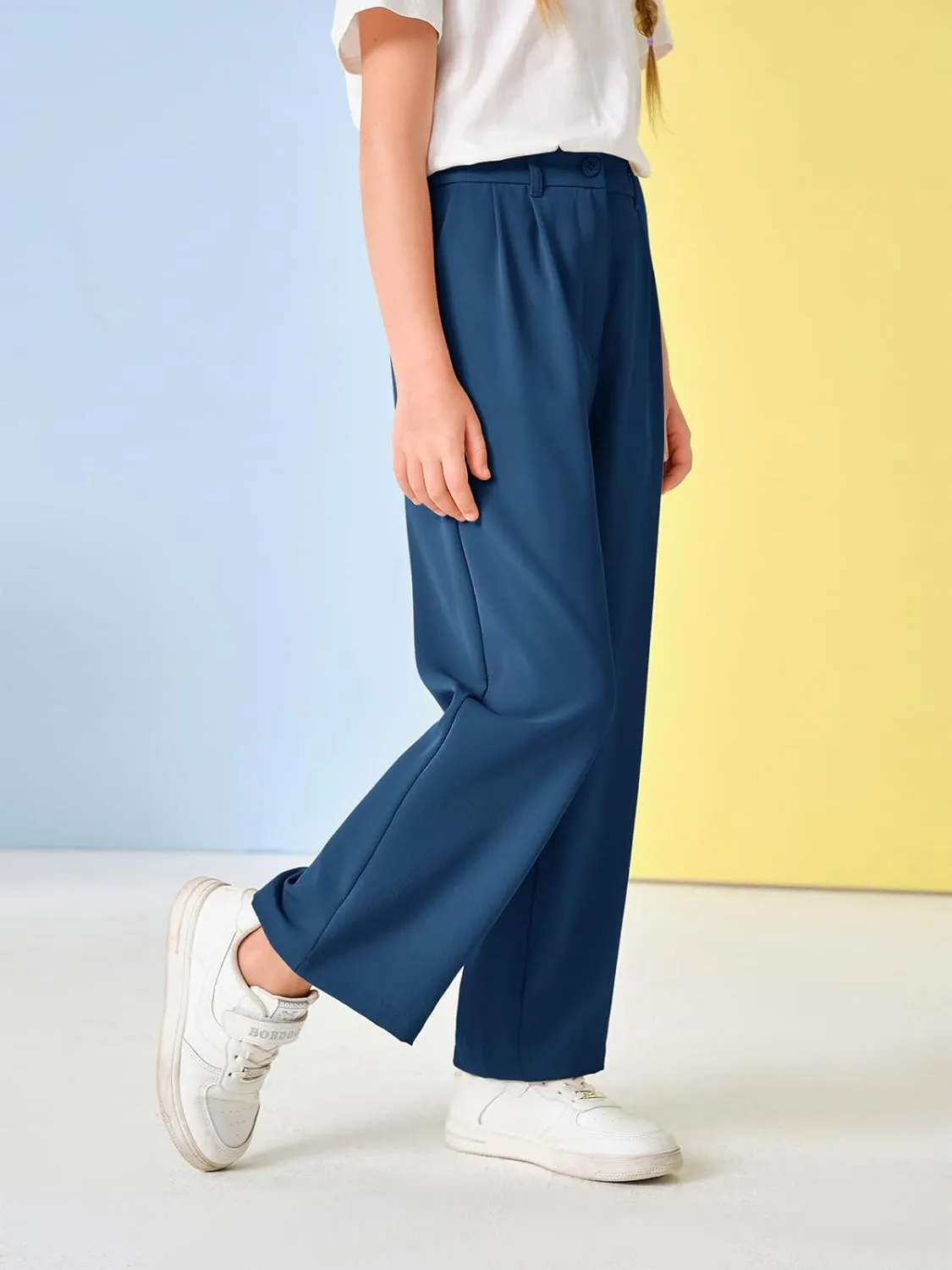 Kids Girls High Waist Wide Leg School Uniform Pants 5-14 Years
