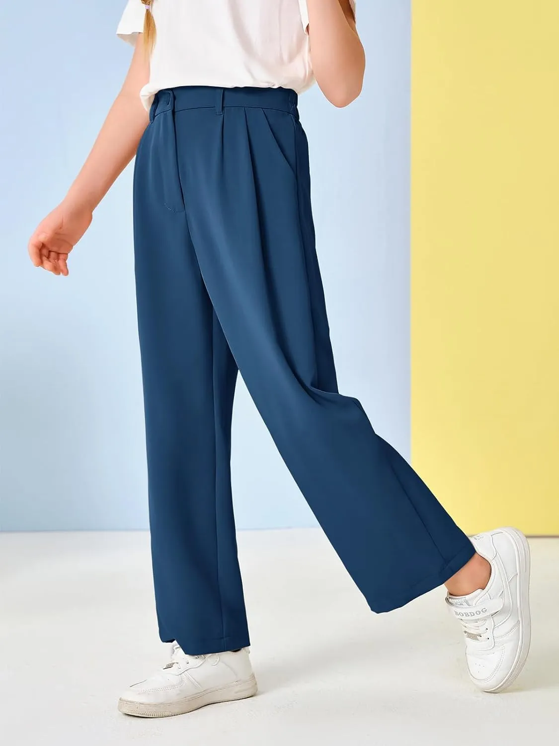 Kids Girls High Waist Wide Leg School Uniform Pants 5-14 Years