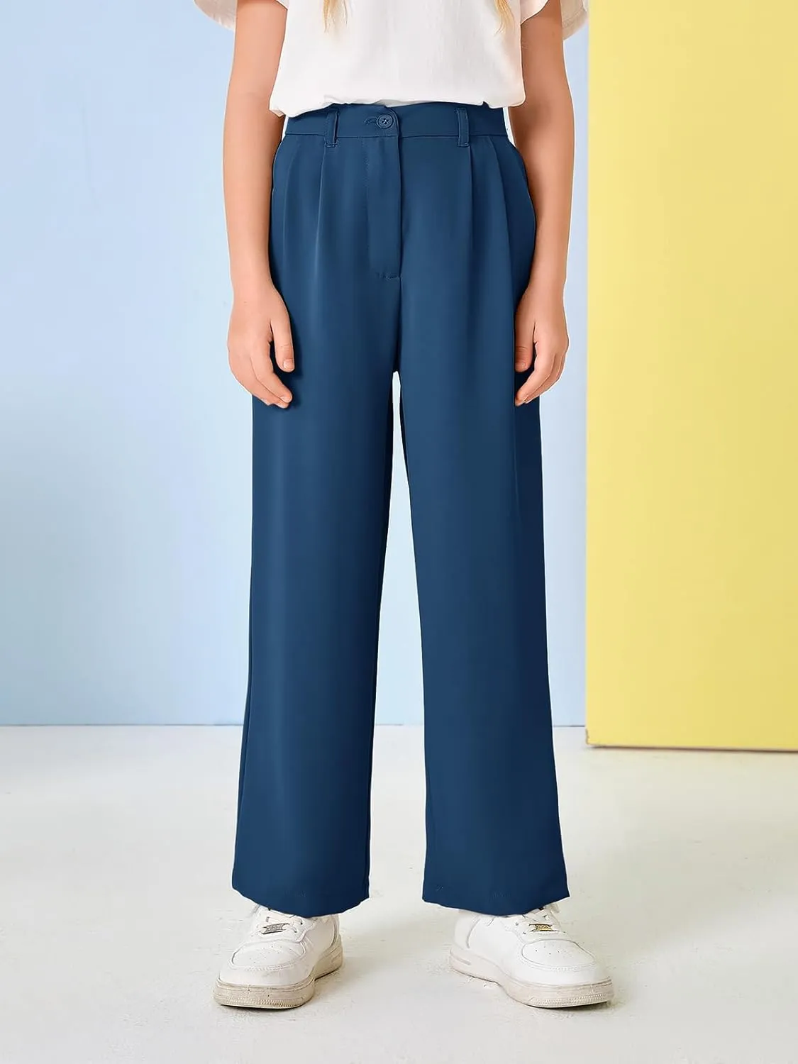 Kids Girls High Waist Wide Leg School Uniform Pants 5-14 Years