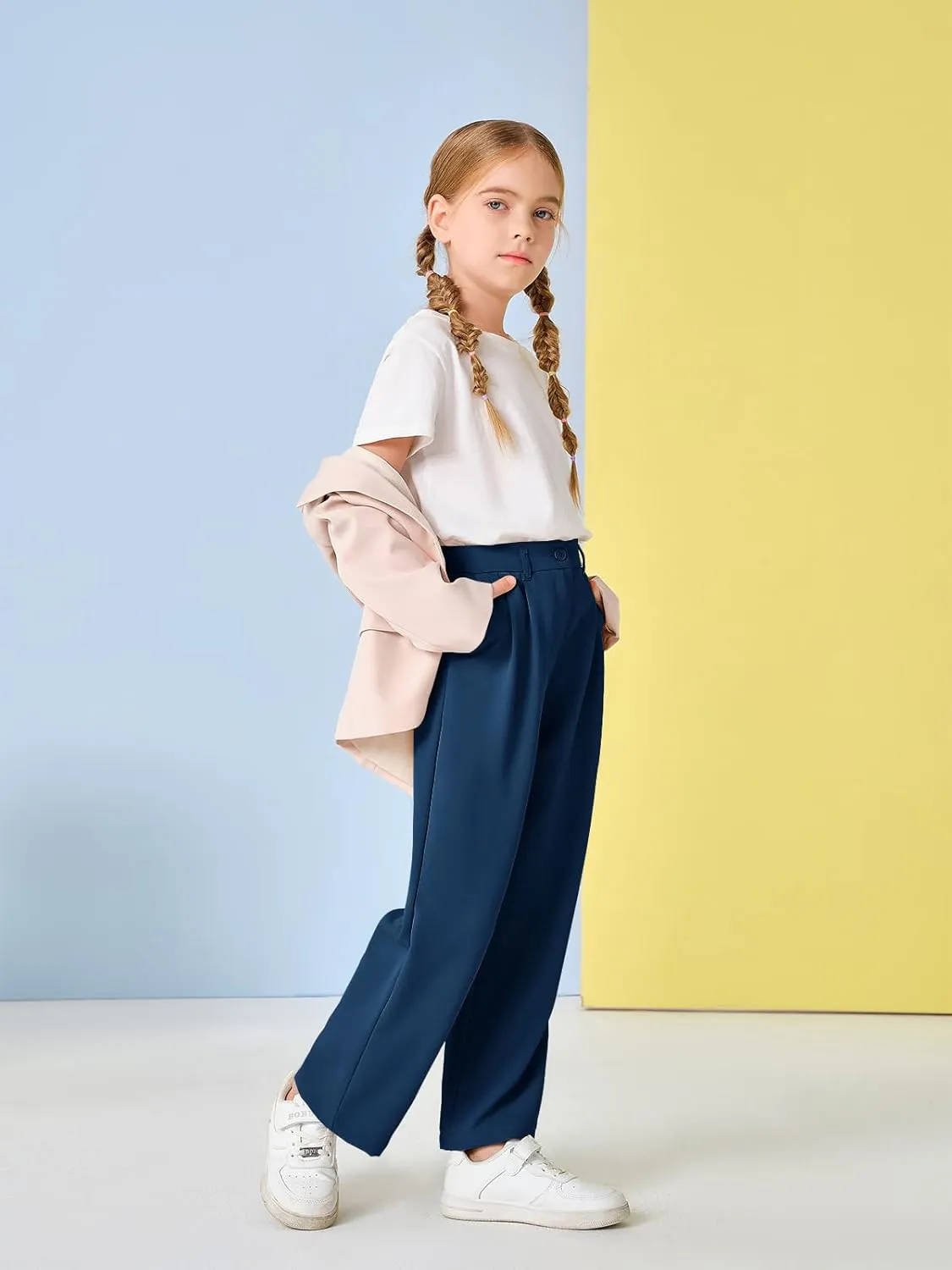 Kids Girls High Waist Wide Leg School Uniform Pants 5-14 Years