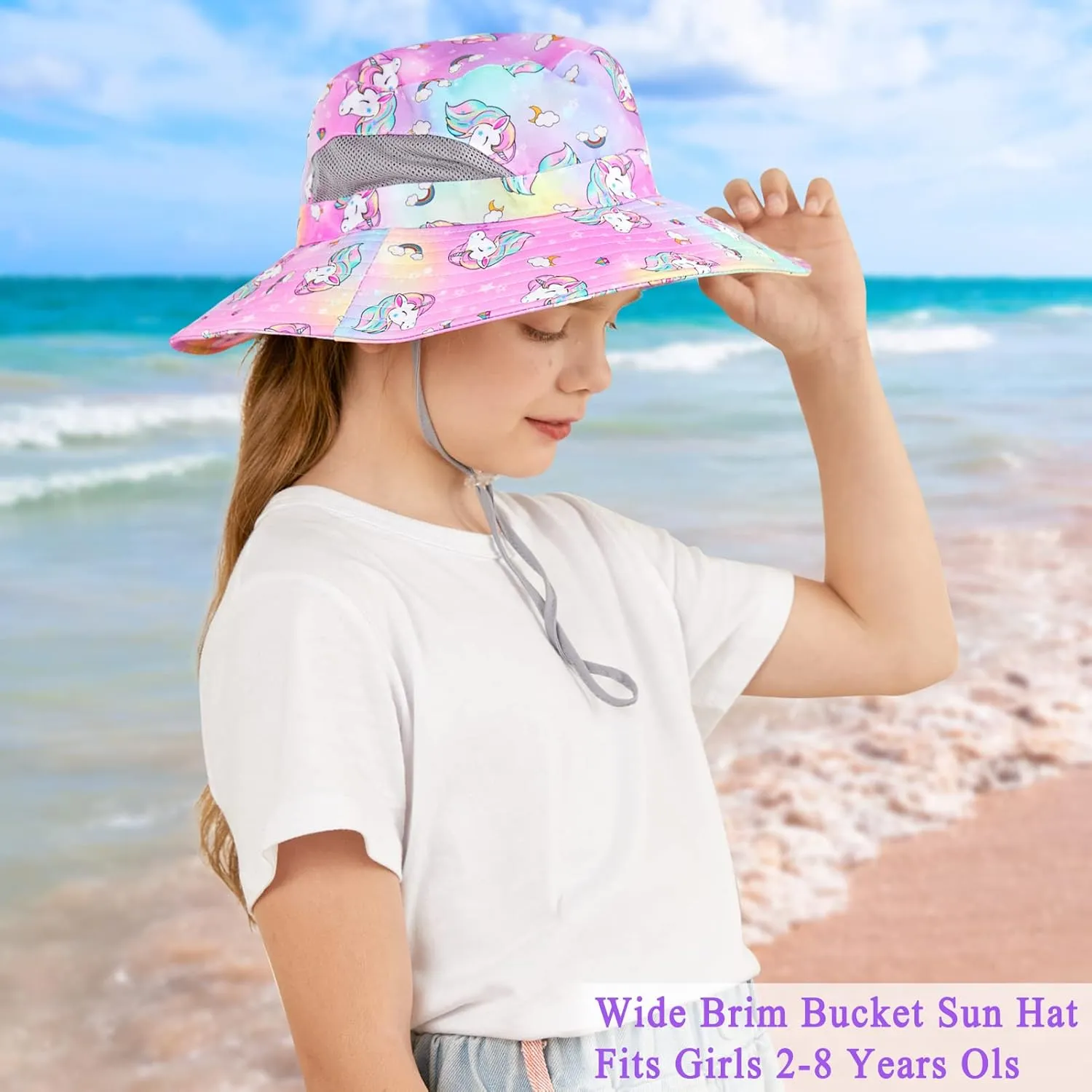 Kids Sun Hat for Girls Mesh Bucket Hat Toddler UV Protection Beach Hat Kids Foldable Fishing Hat for Girls 2-8 Years
