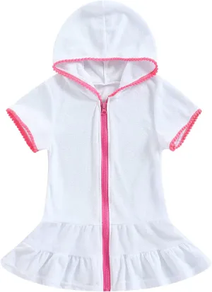 Kids Toddler Girls Swim Cover Up Zip Up Hooded Towel Terry Swimsuit Robe Pool Beach Bathing Suit Wraps Swimwear