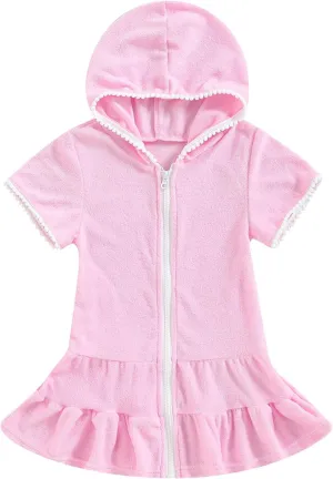 Kids Toddler Girls Swim Cover Up Zip Up Hooded Towel Terry Swimsuit Robe Pool Beach Bathing Suit Wraps Swimwear