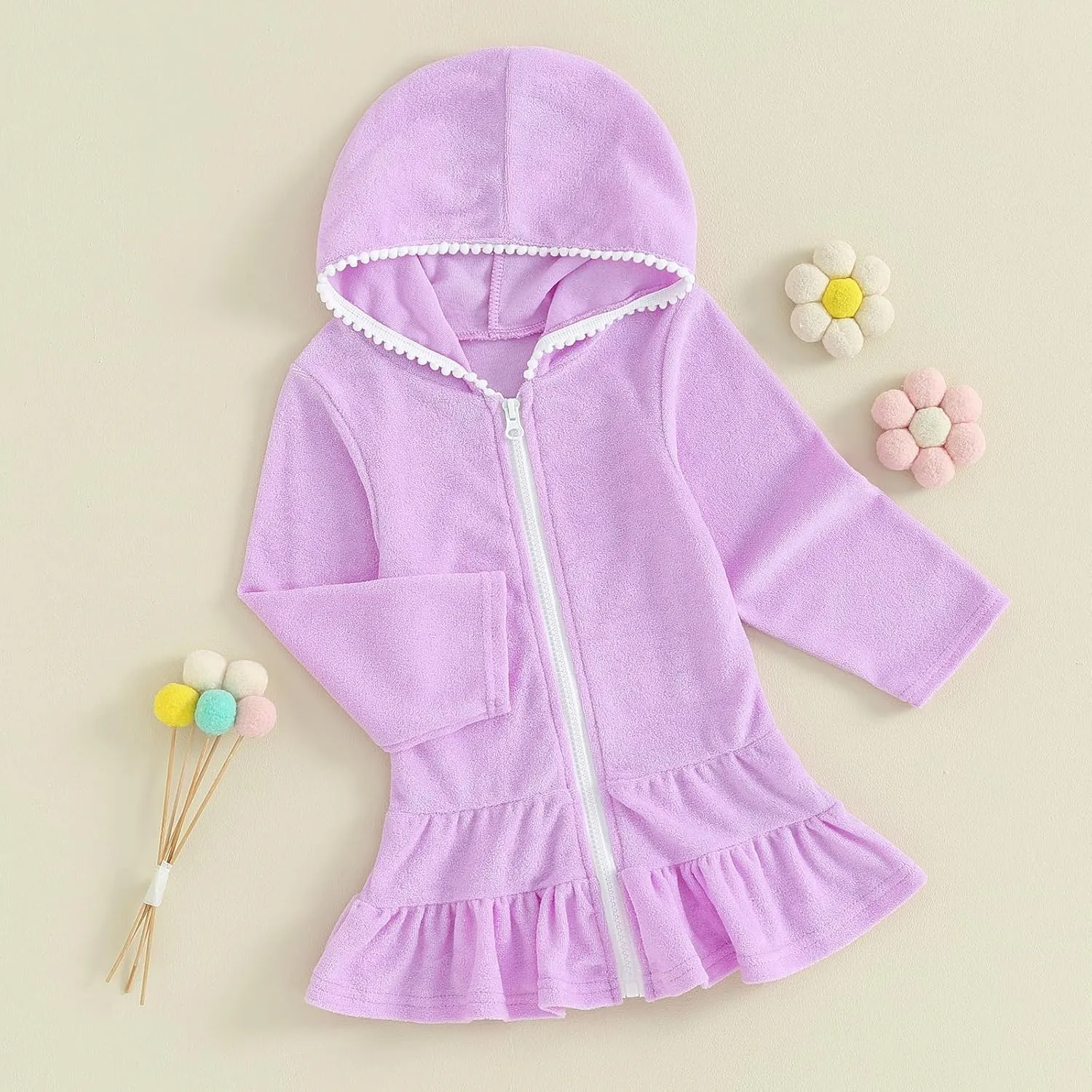 Kids Toddler Girls Swim Cover Up Zip Up Hooded Towel Terry Swimsuit Robe Pool Beach Bathing Suit Wraps Swimwear