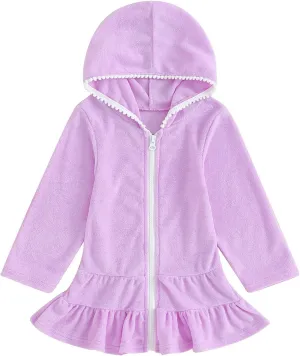 Kids Toddler Girls Swim Cover Up Zip Up Hooded Towel Terry Swimsuit Robe Pool Beach Bathing Suit Wraps Swimwear