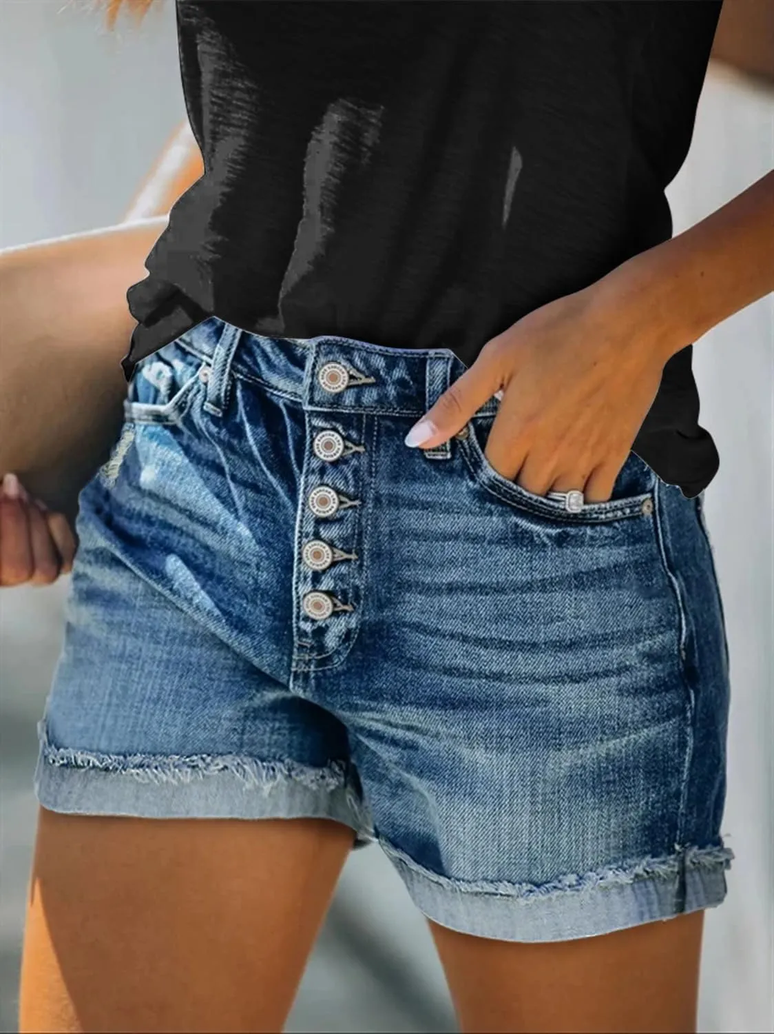 KISSMODA Denim Shorts Women Trendy Button Summer Cut Off Short Womens Jean Shorts High Waisted Denim Hot Ripped Shorts