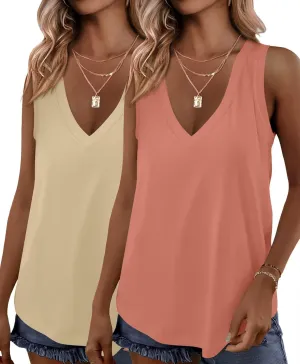 KKJ 2 Pack Womens Tank Tops 2025 Summer V Neck Sleeveless Loose Fit Casual Beach Vacation Outfits Shirt Trendy Cruise Clothes