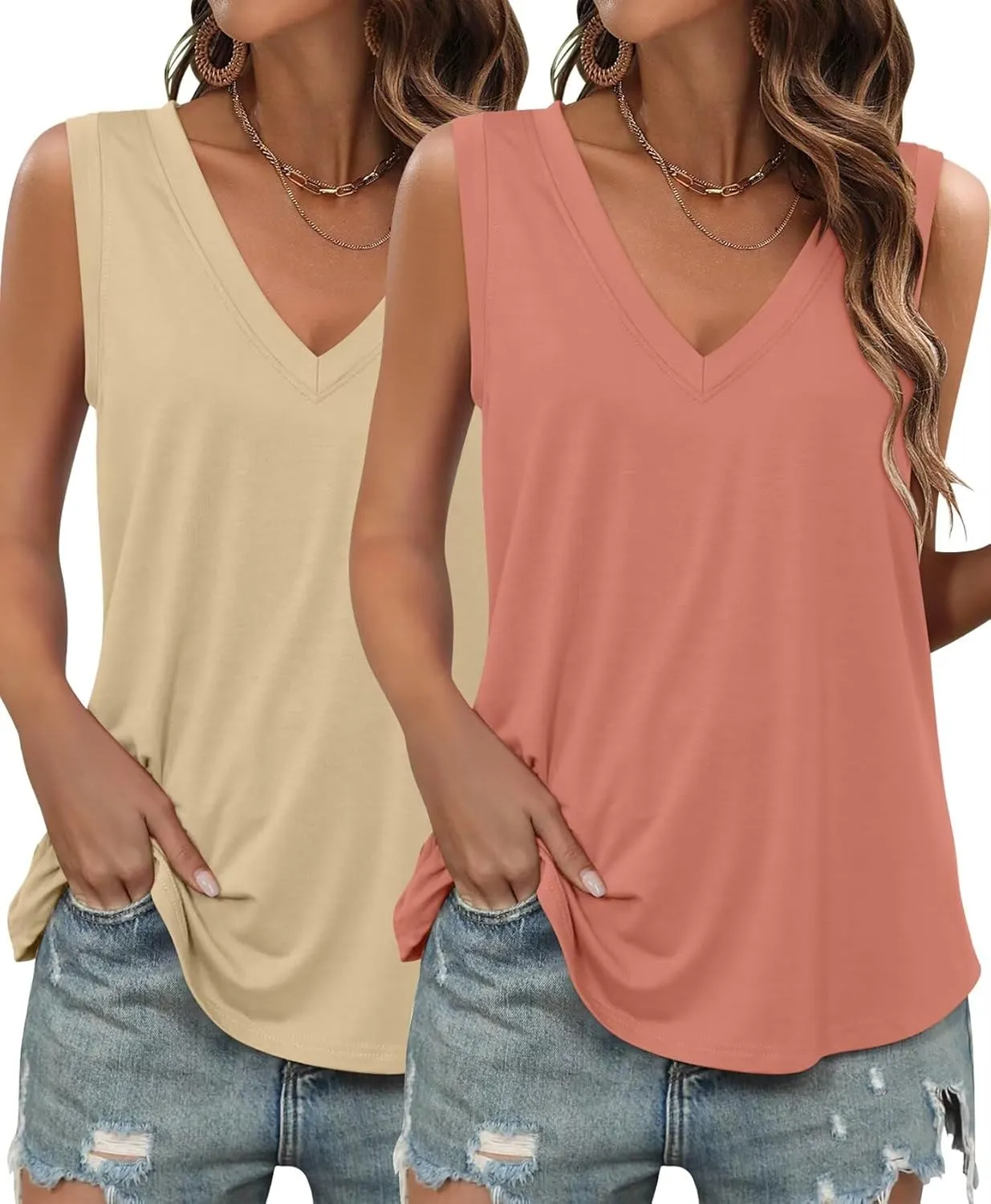 KKJ 2 Pack Womens Tank Tops 2025 Summer V Neck Sleeveless Loose Fit Casual Beach Vacation Outfits Shirt Trendy Cruise Clothes