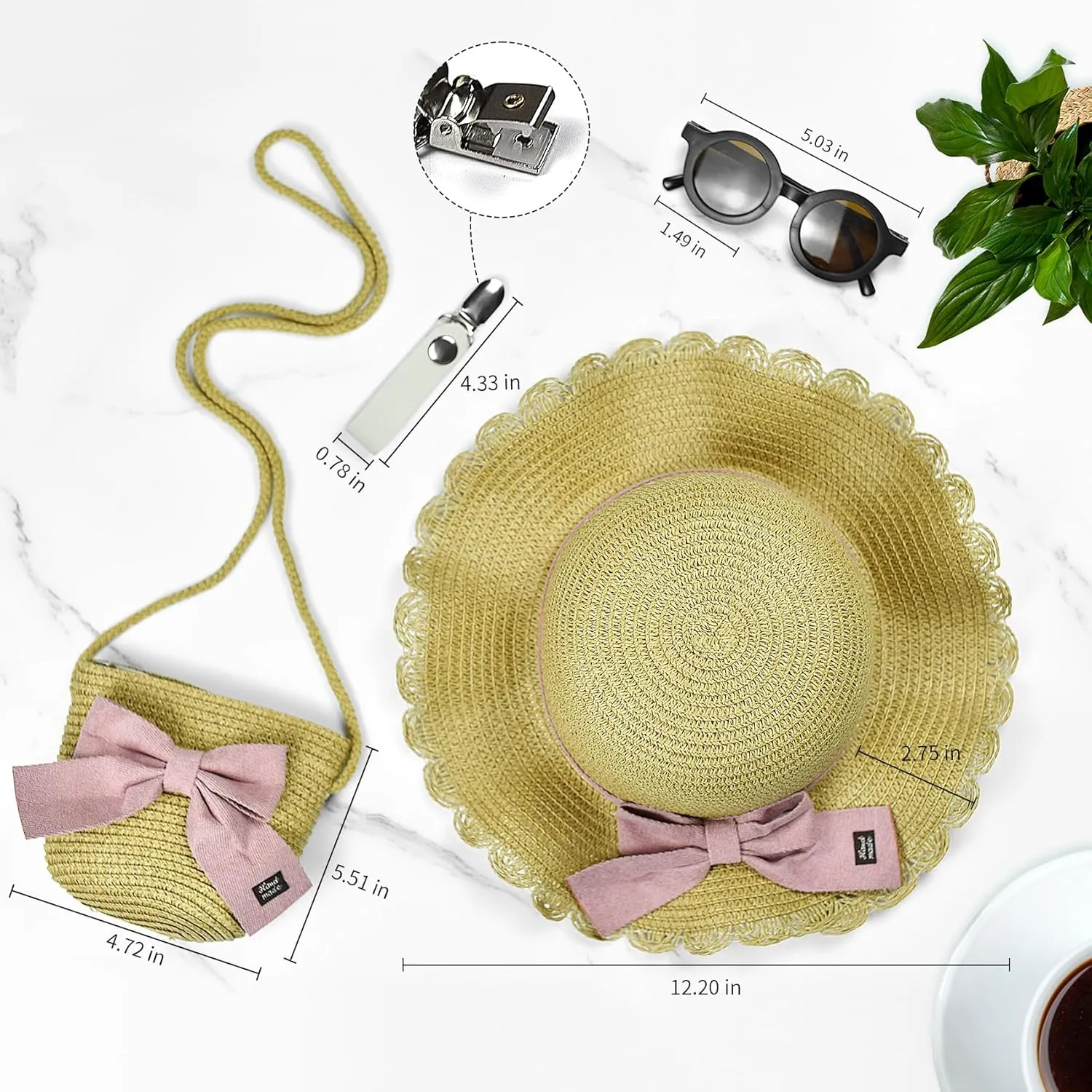 Knana Summer Straw Hat Bag Sunglasses Set for Girls Kids - Cute Bow Round Sunglasses and Straw Shoulder Bag for Kids Girls