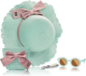 Knana Summer Straw Hat Bag Sunglasses Set for Girls Kids - Cute Bow Round Sunglasses and Straw Shoulder Bag for Kids Girls
